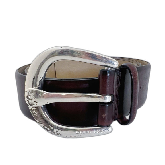 Michael Kors Brown Leather Belt Silver Buckle y2k Boho Chic Size M - Picture 1 of 6
